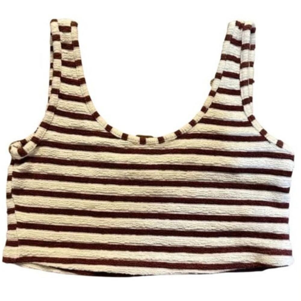 LUXXEL Pullover Crop Top Striped Boxy Tank Sleeveless Burgundy Off White Sz S